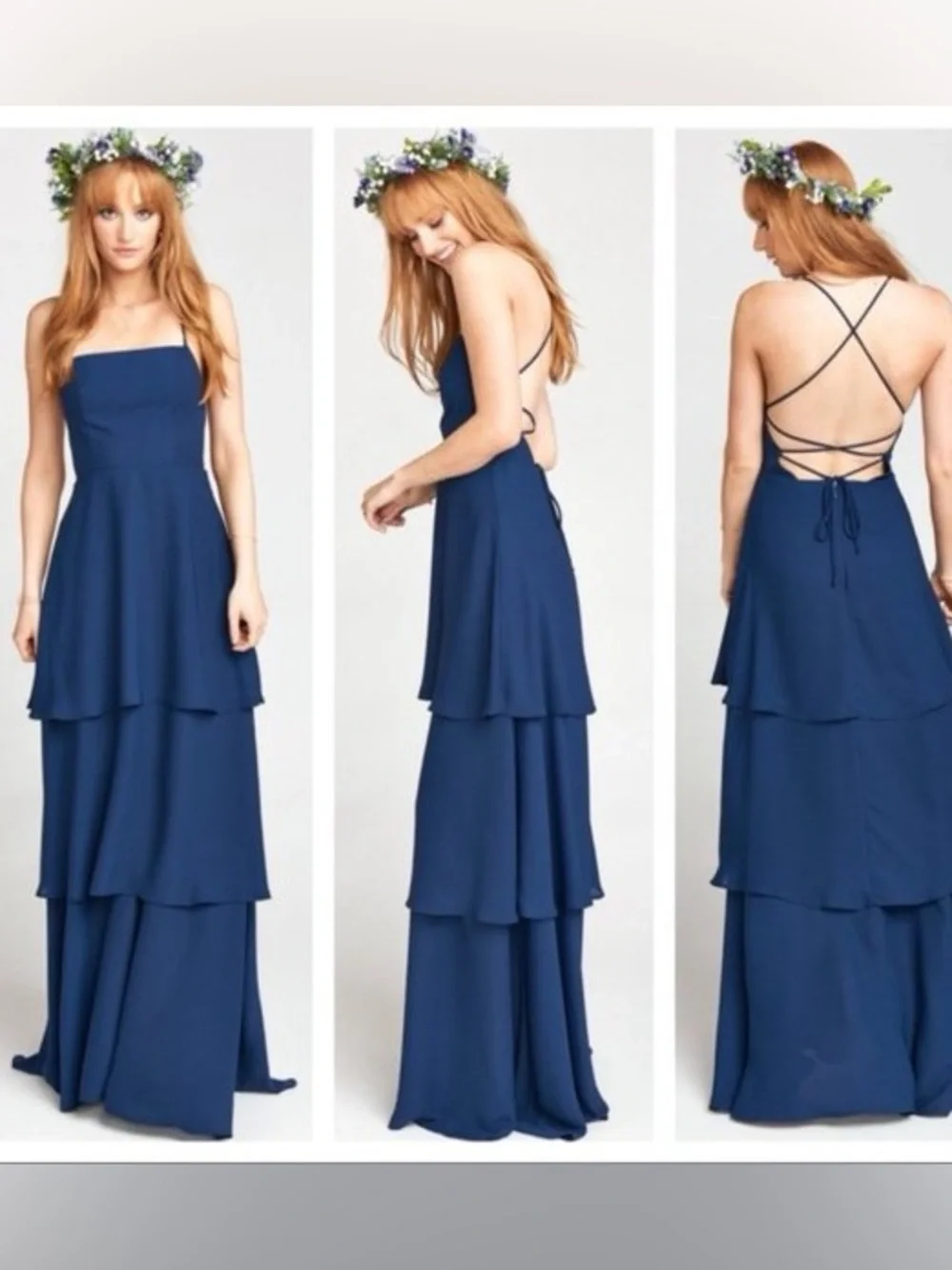 NWT Show Me Your Mumu Calypso Ruffle Tiered Dress M Medium Navy Blue Open Back